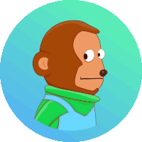 a cartoon monkey wearing overalls and a green sweater