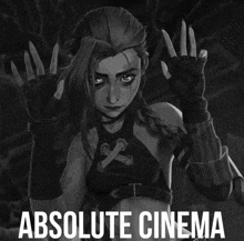 a black and white image of a girl with the words absolute cinema below it