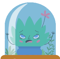 a cartoon illustration of a plant in a glass dome with a sad face