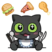 a black cat with green eyes is holding a knife and fork in front of a hamburger and pizza