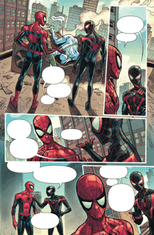 a page from a comic book shows spider-man and miles morales talking to each other