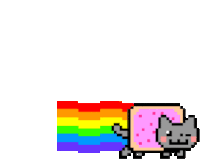 a pixel art drawing of a cat with a rainbow tail