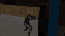 a person in a video game is standing next to a boxing bag