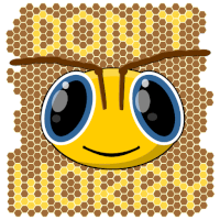 a cartoon drawing of a bee on a honeycomb pattern