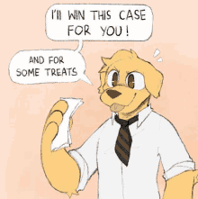 a cartoon dog is holding a piece of paper and saying i 'll win this case for you .