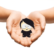 two hands holding a cartoon character with a black hair and white face