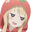 a blonde anime girl wearing a red tomato hat and a red hoodie .