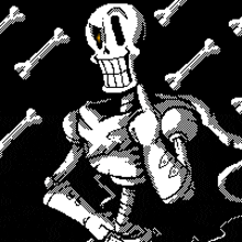 a pixel art drawing of a skeleton surrounded by bones on a black background .