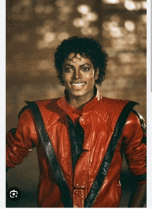 a man wearing a red leather jacket is smiling for the camera