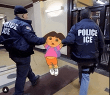 a cartoon of dora the explorer is being led by two police officers