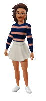 a cartoon girl wearing a blue and pink striped sweater and white skirt