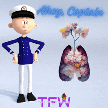 a cartoon character named ahoy captain stands next to a picture of lungs