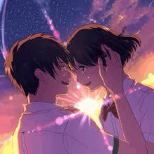 a boy and a girl are looking at each other and the sun is shining through their eyes .