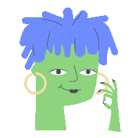 a cartoon drawing of a woman with blue hair and gold hoop earrings