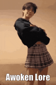 a person in a plaid skirt is standing with their arms crossed and the words awoken lore above them