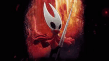 hornet from hollow knight is holding a sword in his hand .