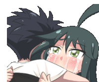 a girl with green eyes is crying while a boy holds her