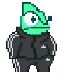 a pixel art drawing of a chameleon wearing a black adidas jacket