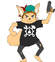 a cartoon of a fox holding a gun and wearing a black shirt with a gear on it