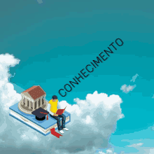 a man sits on top of a stack of books with the word conhecimento above him