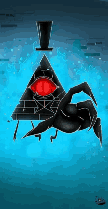 a drawing of a black triangle with a red eye and a spider on it