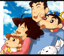 a cartoon drawing of a family with a baby and a dog