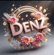 the name denz is surrounded by pink flowers and leaves