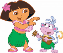 a cartoon of dora and a monkey playing guitar