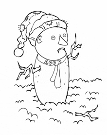 a black and white drawing of a snowman wearing a santa hat and scarf standing in the snow .