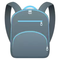 a gray and blue backpack with a blue handle and zipper