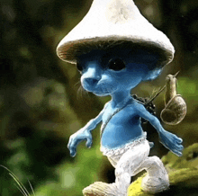 a blue smurf wearing a mushroom hat and carrying a snail on his back