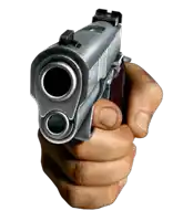 a close up of a hand holding a gun with the barrel pointing at the camera