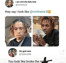 a man with dreadlocks is holding a bunch of money next to another man with dreadlocks