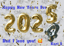 a happy new year 's eve card with gold and silver balloons in the shape of the number 2025