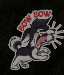 a sticker of a dog with the words bow bow written on it