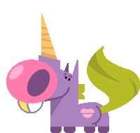 a purple unicorn with a pink bubble gum in its nose