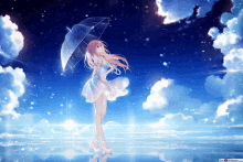 a girl in a white dress is holding an umbrella in the rain