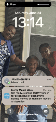 a phone screen displays a missed call from james.griffis