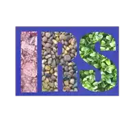 the word irs is cut out of a blue background with rocks and plants