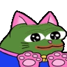 a green frog with pink paws and a pink bow on its head is a cat .