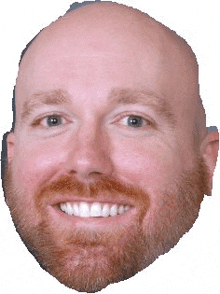 a close up of a man 's face with a red beard smiling .