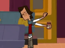 a cartoon character is holding a can of peanut butter in his hand .