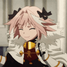 a girl with pink hair is holding a sword and smiling