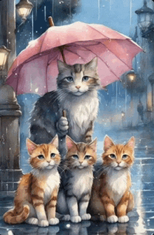 a painting of three cats sitting under an umbrella in the rain