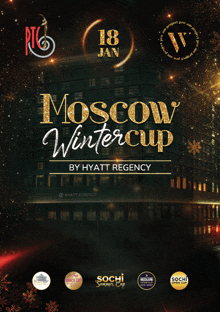 a poster for moscow wintercup by hyatt regency shows a large building in the background