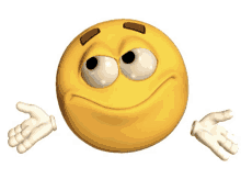 a yellow smiley face with brown eyes and white gloves on its hands