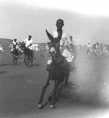 a black and white photo of a man riding a donkey in a field