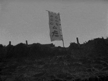 a black and white photo of a thatched roof with a flag in the foreground that says " 000 "