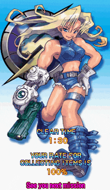 a cartoon of a girl with a gun and the words clear time 1:30 your rate for collecting items is 100 % see you next mission