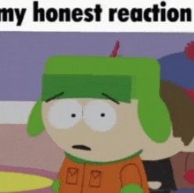 a cartoon character with a green hat and ear flaps says my honest reaction .